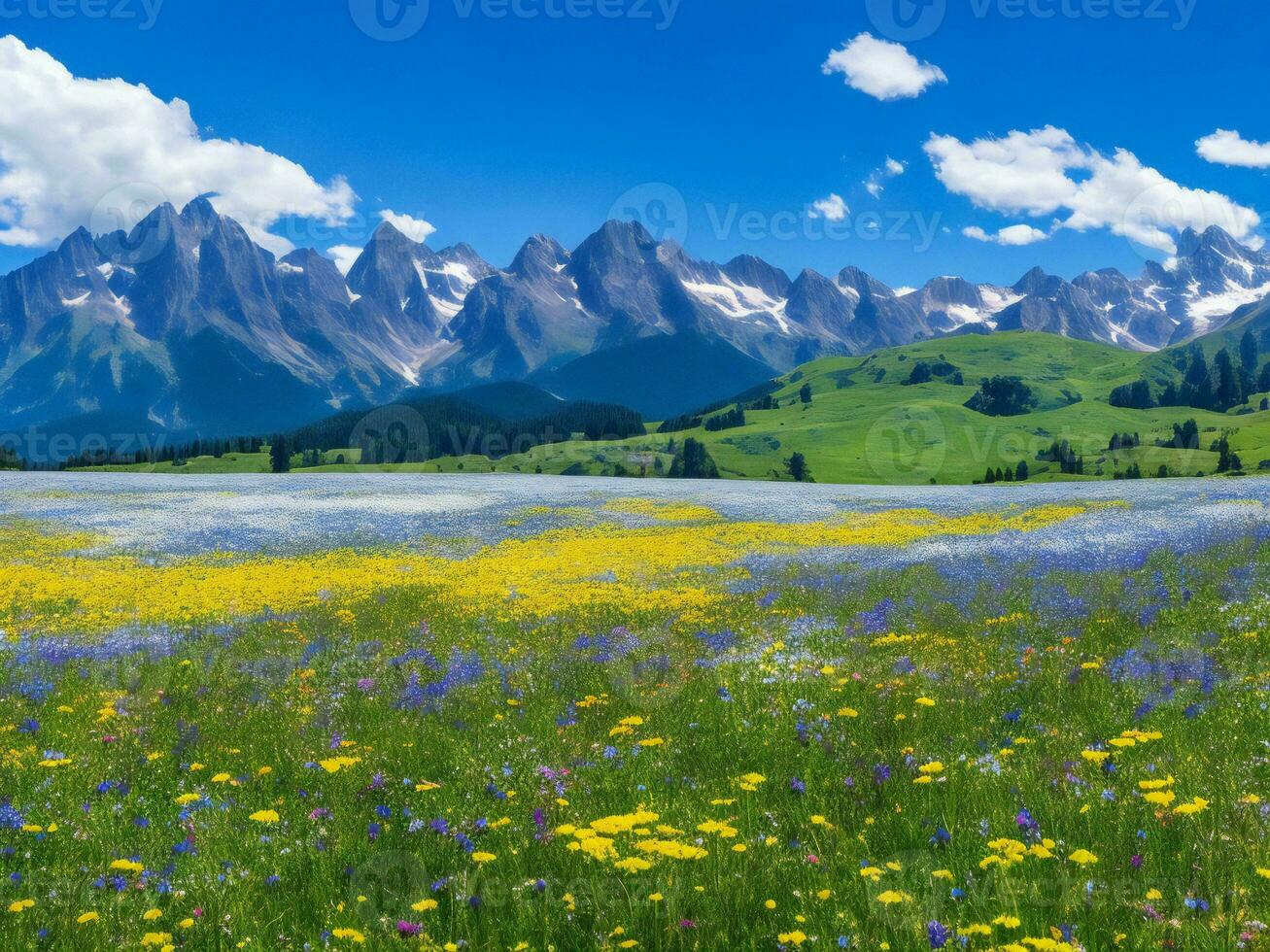 das Wiese von Blumen und Berge ai generiert foto