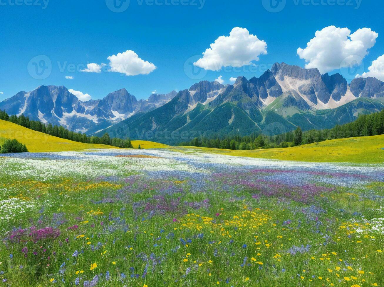 Wildblumen im ein Wiese mit Berge im das Hintergrund ai generiert foto