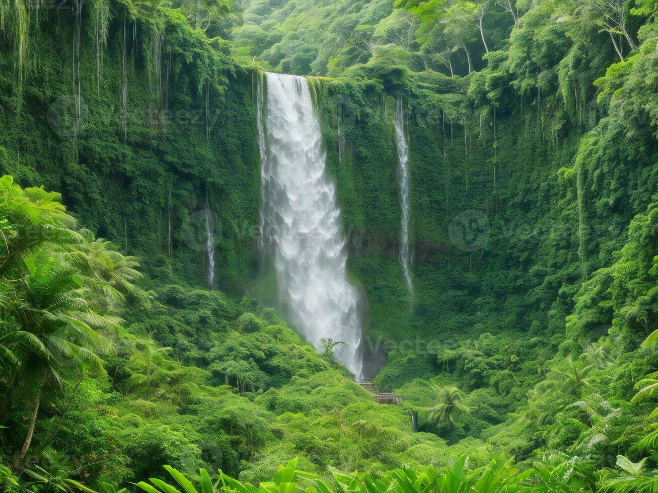 ein Wasserfall umgeben durch üppig Grün Vegetation ai generiert foto