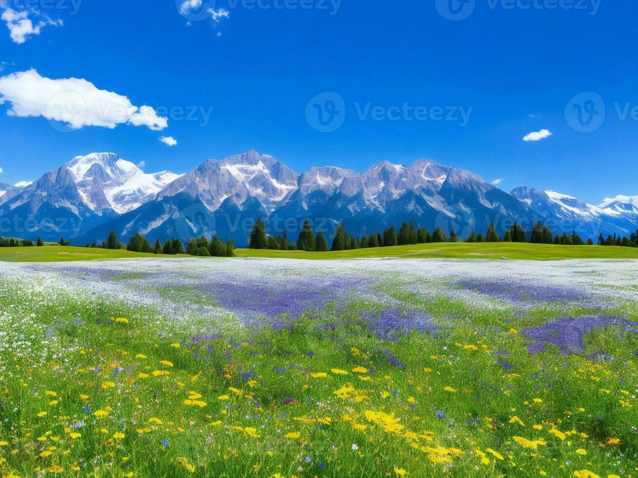 das Wiese von Blumen und Berge ai generiert foto