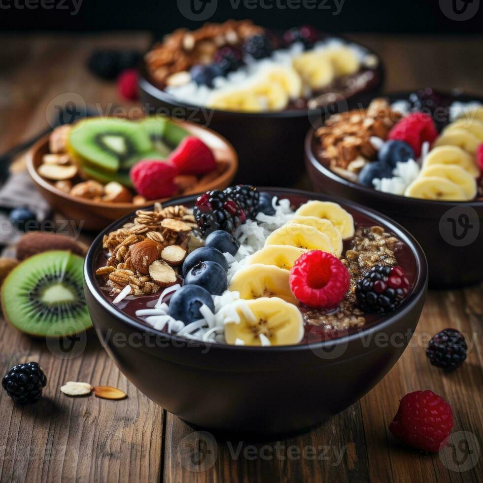 acai Schalen gekrönt mit Früchte ai generiert foto