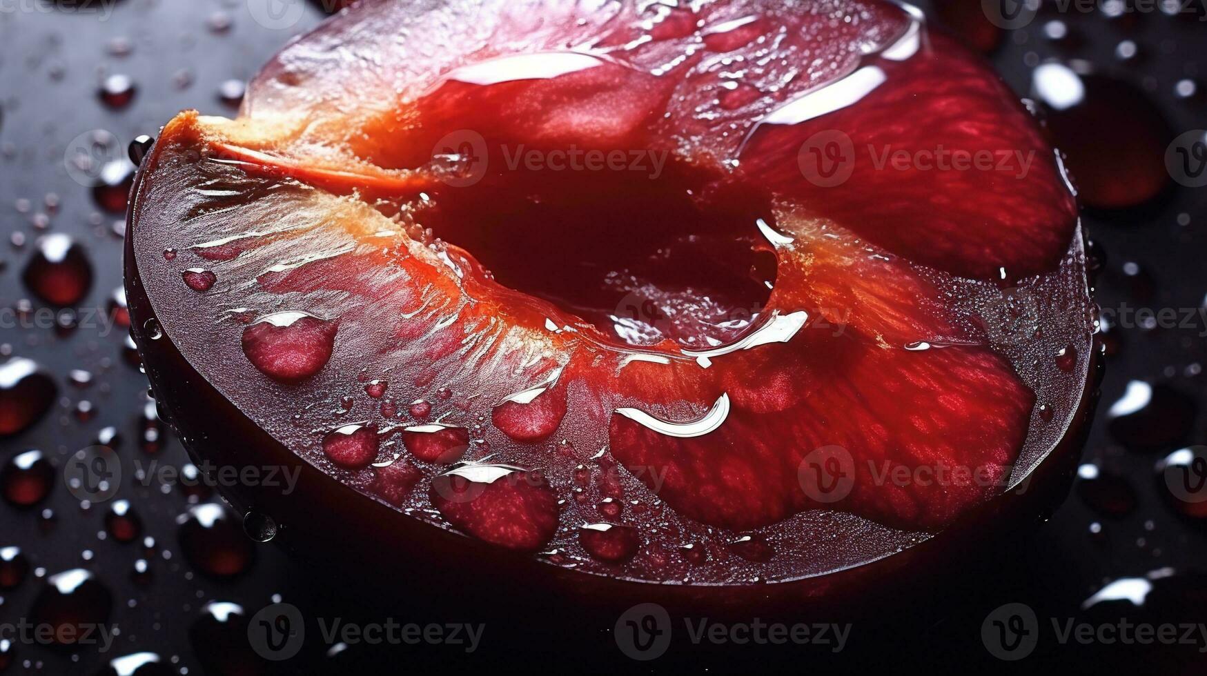 generativ ai, hell Scheibe von saftig reif Pflaume und Wasser Tropfen, Makro von Sommer- Obst foto