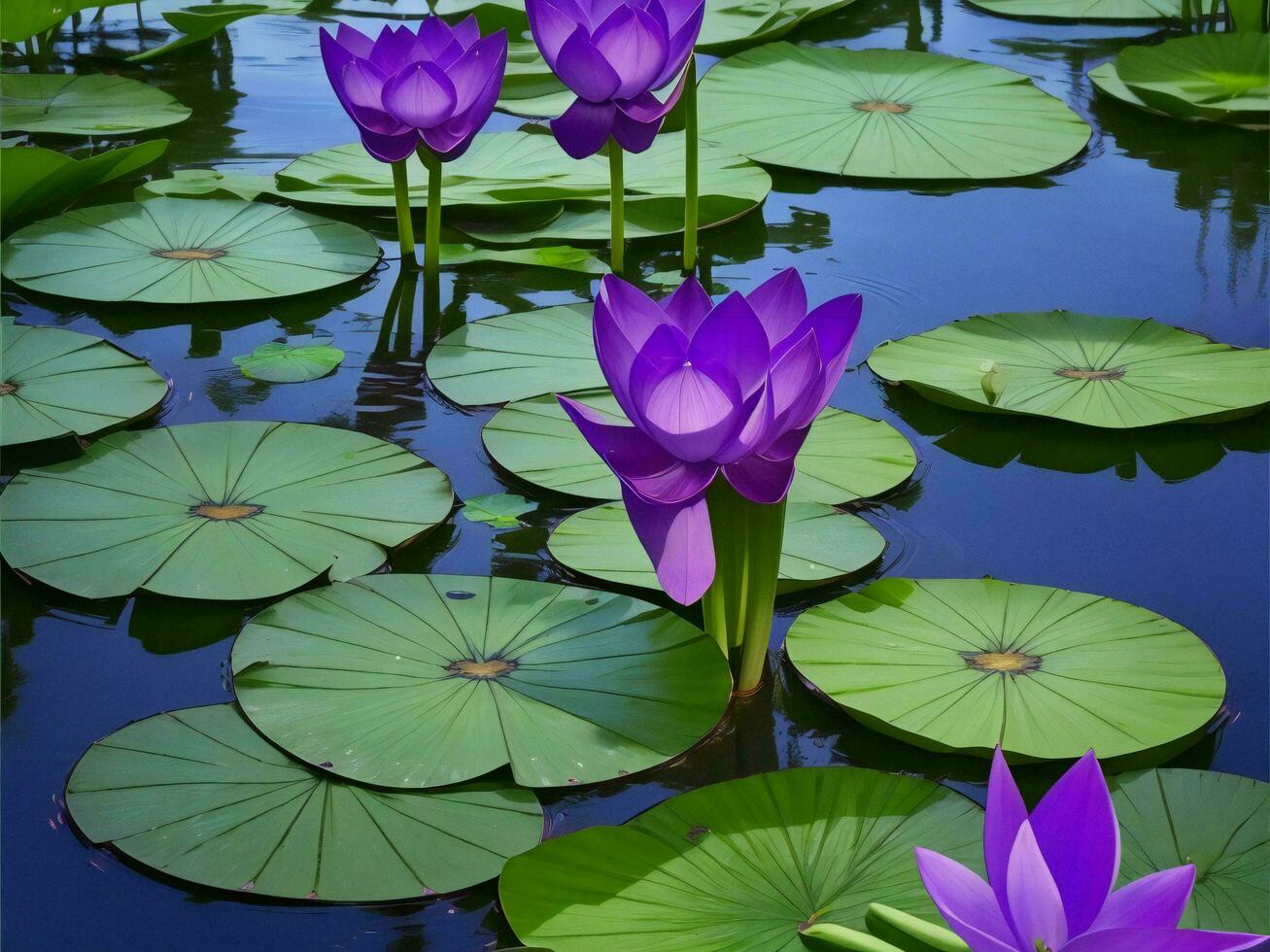 zwei lila Lotusblumen schwebend im ein Teich mit Grün Blätter ai generiert foto