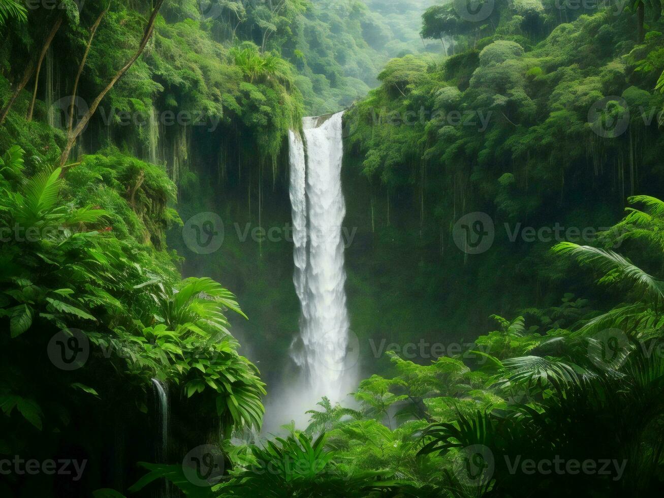 ein Wasserfall umgeben durch üppig Grün Vegetation ai generiert foto