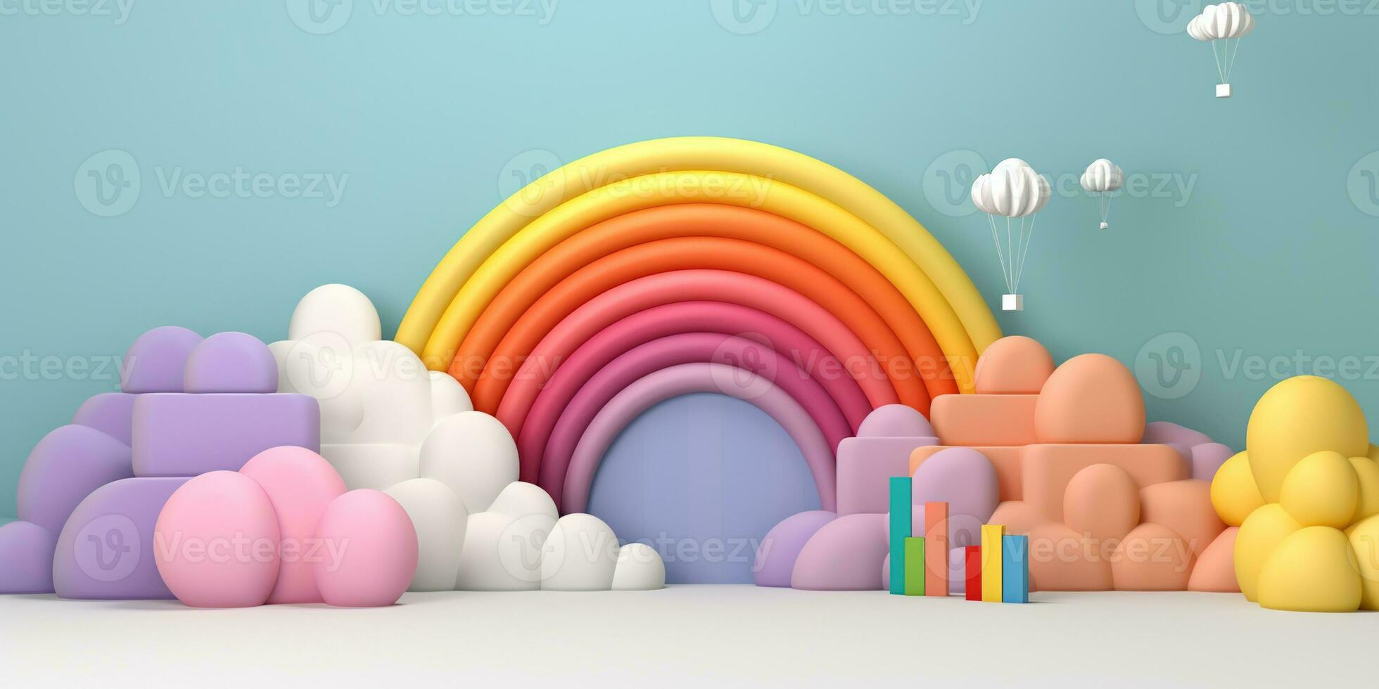 generativ ai, Regenbogen und bunt Luftballons. Geburtstag Party 3d Hintergrund. Attrappe, Lehrmodell, Simulation, Vorlage zum Begrüßung Karte foto