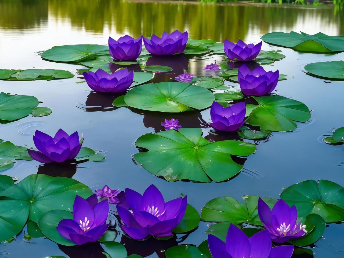 zwei lila Lotusblumen schwebend im ein Teich mit Grün Blätter ai generiert foto