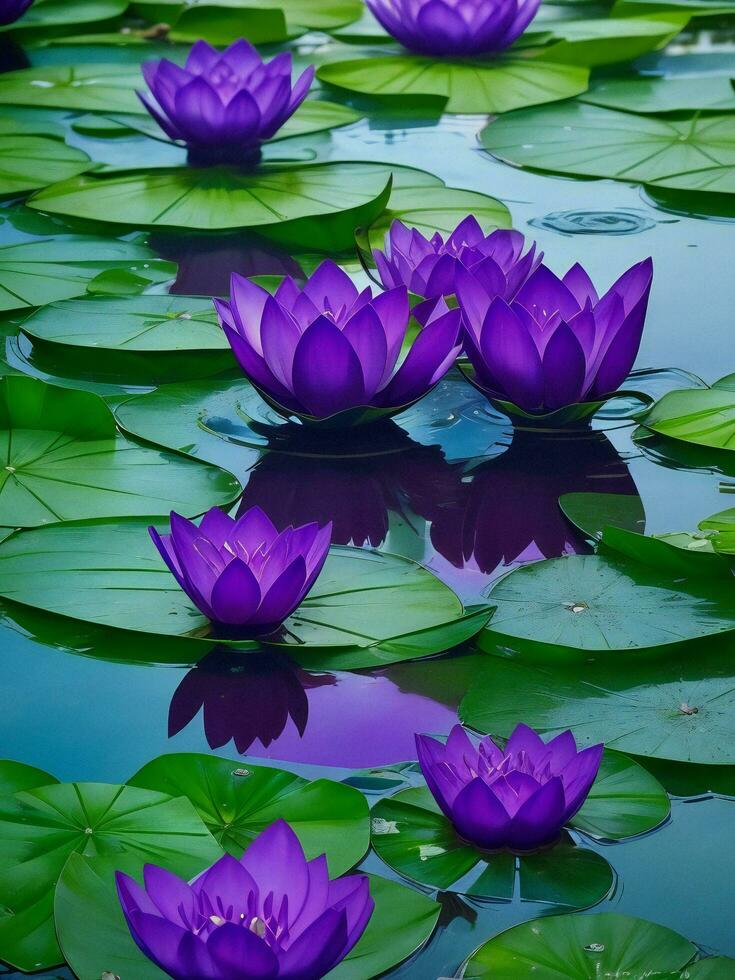 zwei lila Lotusblumen schwebend im ein Teich mit Grün Blätter ai generiert foto