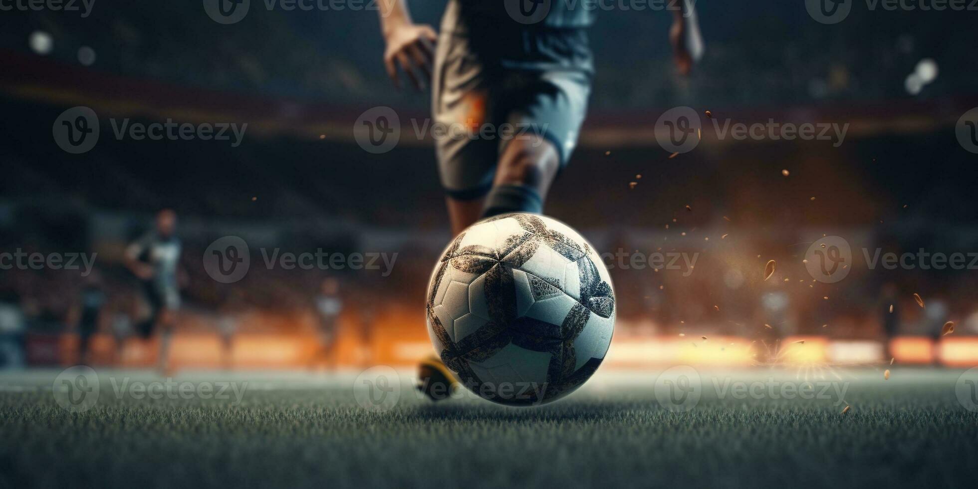 generativ ai, Fußball Stiefel treten ein Fußball Ball, Tor Moment auf das Stadion foto