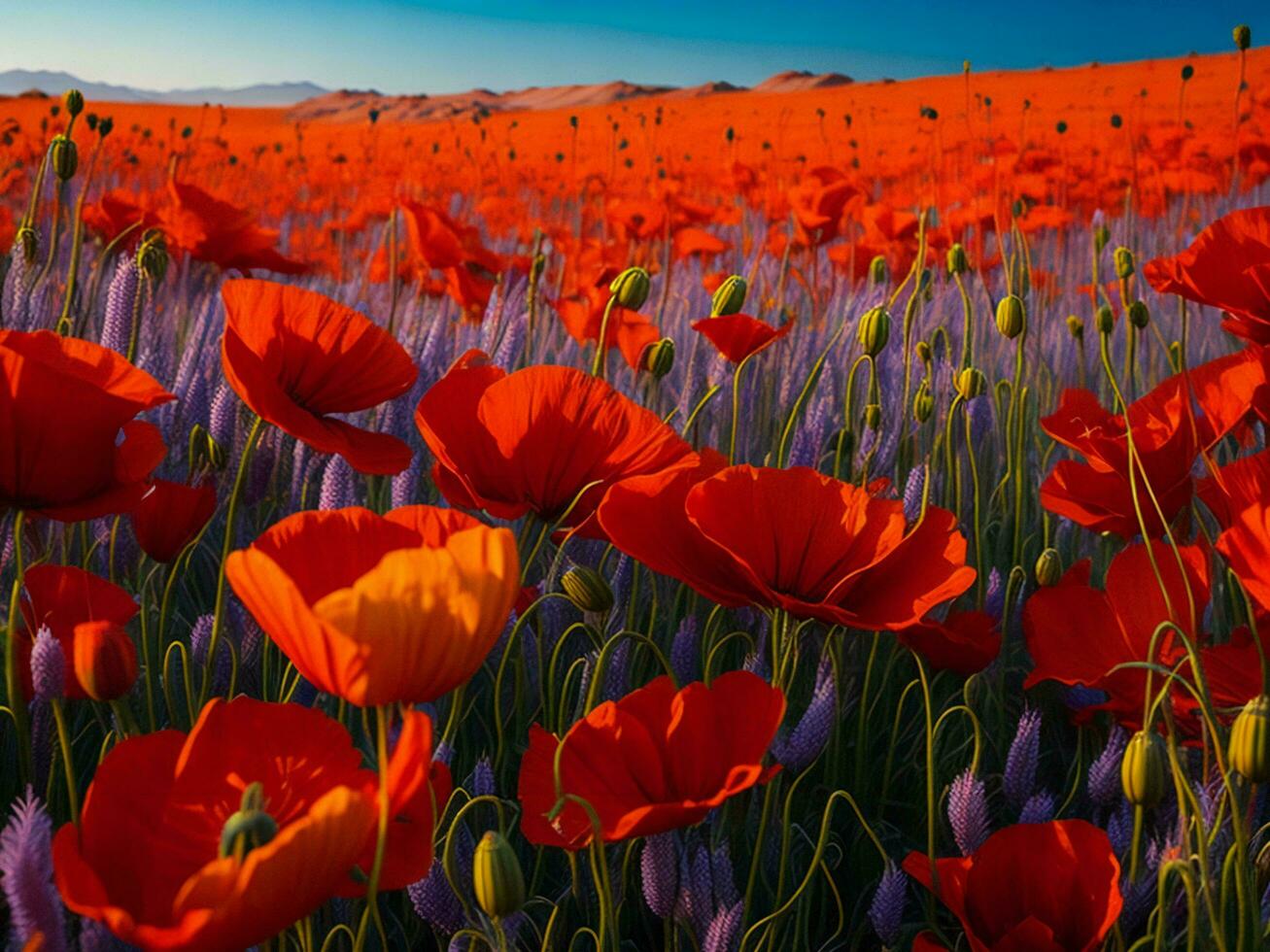 ein Feld von rot Mohnblumen mit ein Blau Himmel im das Hintergrund foto