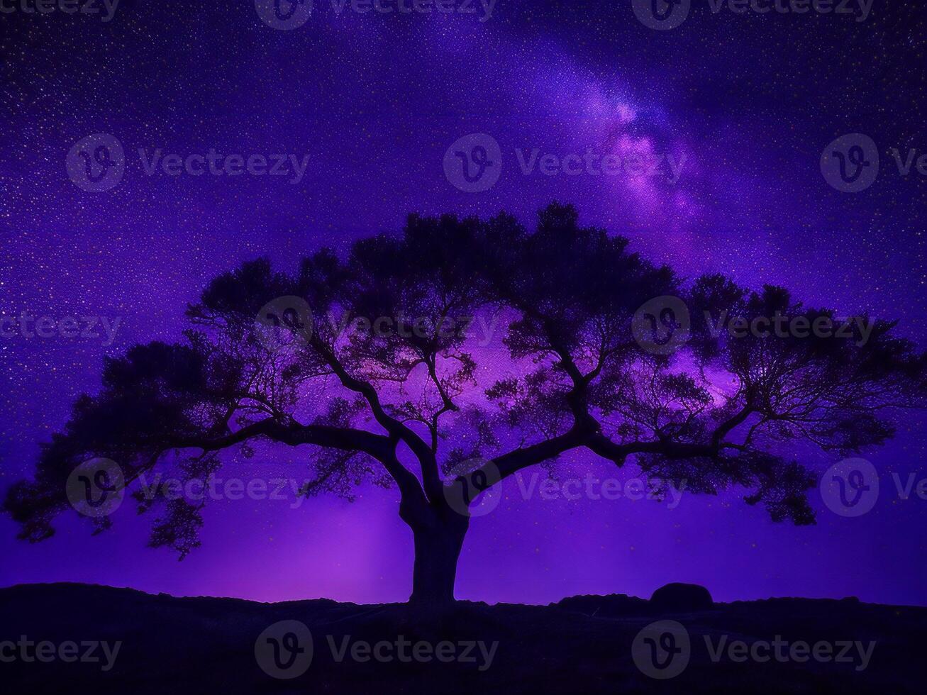 ein majestätisch Baum silhouettiert gegen ein Hintergrund von das riesig Nacht Himmel gefüllt mit Sterne ai generiert foto