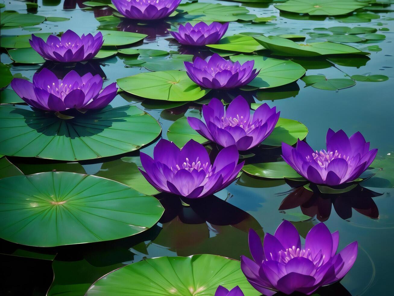 zwei lila Lotusblumen schwebend im ein Teich mit Grün Blätter ai generiert foto