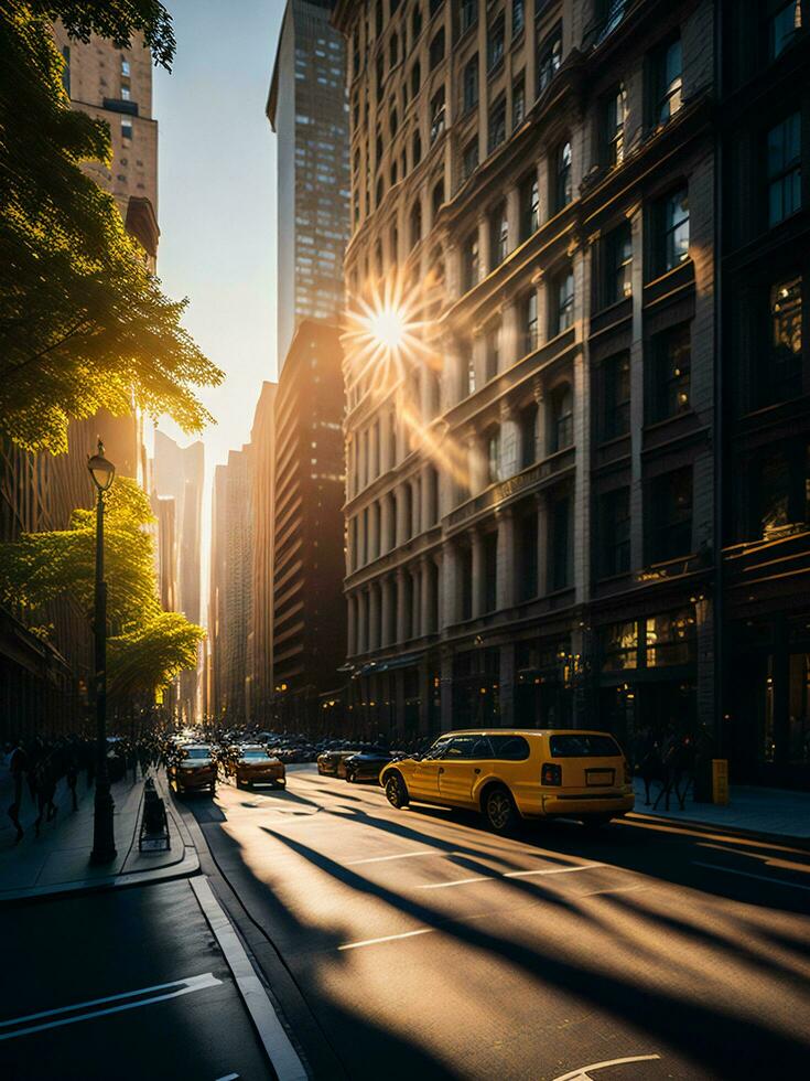 das Sonne ist Rahmen Über ein Stadt Straße ai generiert foto