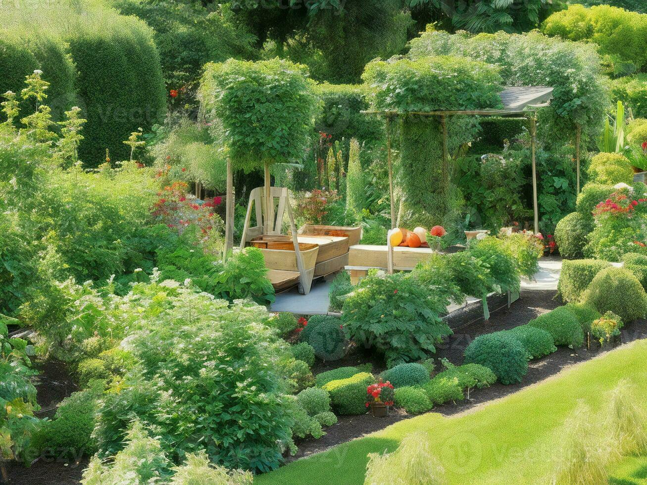 ein Garten mit viele von Pflanzen und Blumen ai generiert foto