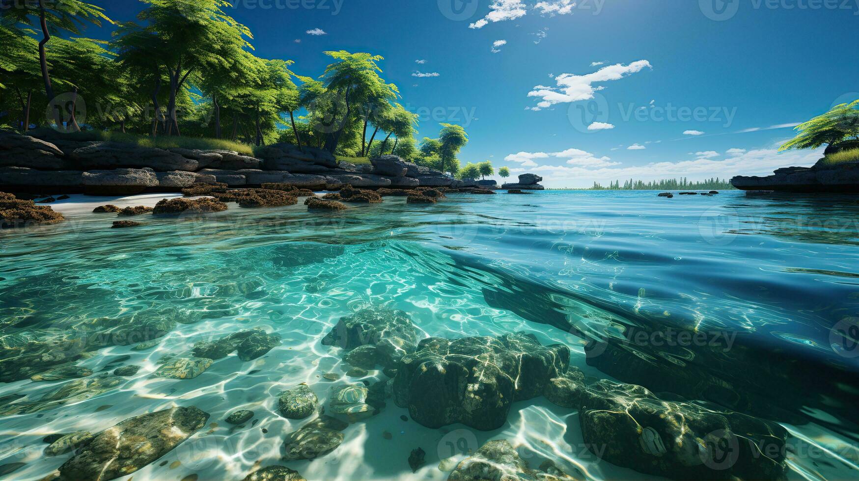 Weiß sandig Strand auf ein tropisch Insel und klar Meer. Paradies abgelegen Insel. erstellt mit generativ ai foto