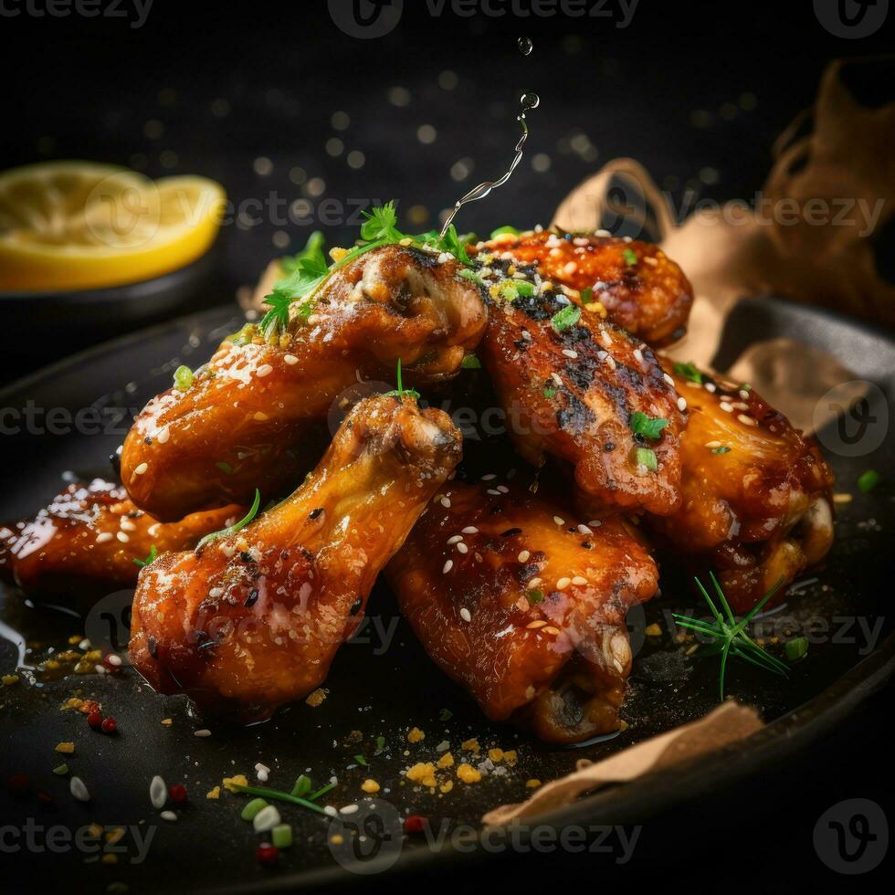 gebacken Hähnchen Flügel serviert mit anders Saucen und Zitrone. schwarz Hintergrund. generativ ai. foto