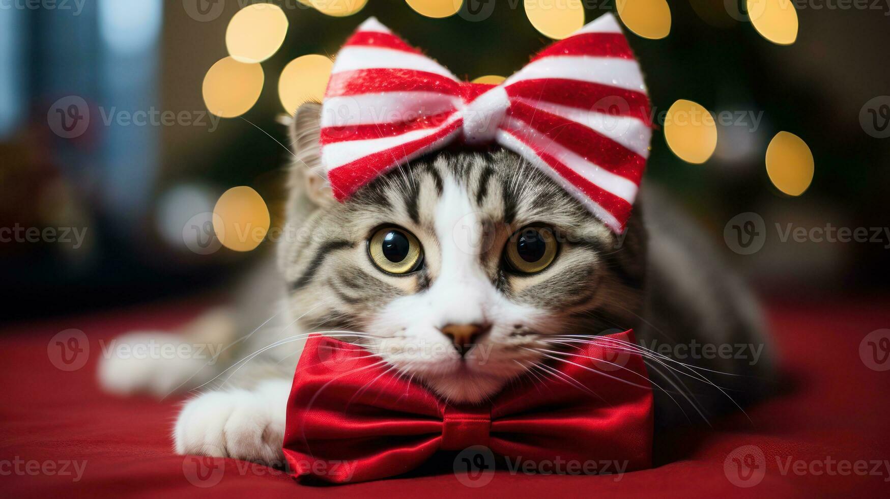 Nahansicht Porträt von ein süß Katze im ein rot Santa claus Hut unter Verbrennung Beleuchtung auf das Hintergrund von ein Winter schneebedeckt Landschaft. Neu Jahr Party. Schneeflocken im das Luft. generativ ai. foto