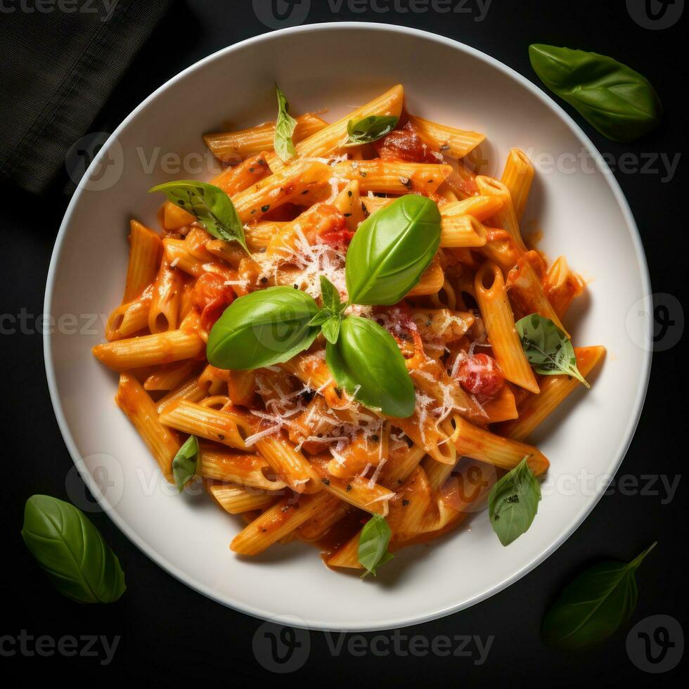 oben Aussicht Italienisch Penne Pasta im cremig Wodka Tomate Soße mit bröckelte Würstchen und Pilze auf das Küche Tisch. generativ ai. foto