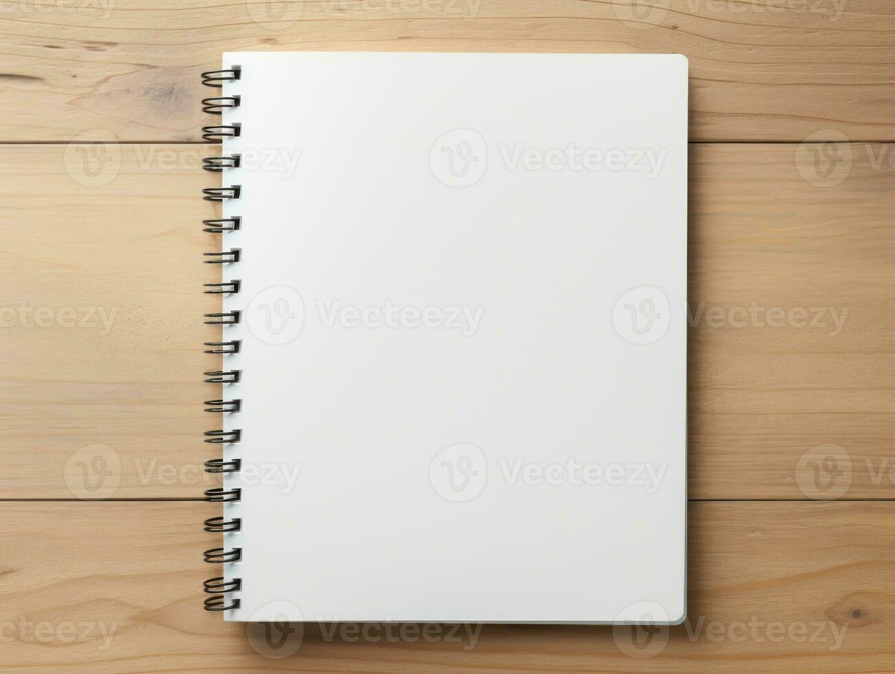 oben Aussicht von Spiral- Notizbuch mit Bleistift auf hölzern Tisch. emtry Seite zum Text. generativ ai. foto