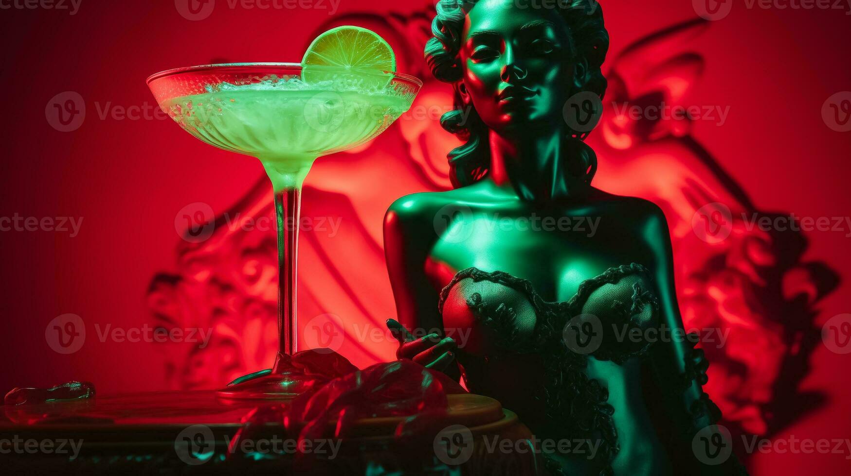 Antiquität Statue im Neon- Licht mit Margarita Cocktail modern Konzept Hintergrund mit ein Kopieren Raum foto