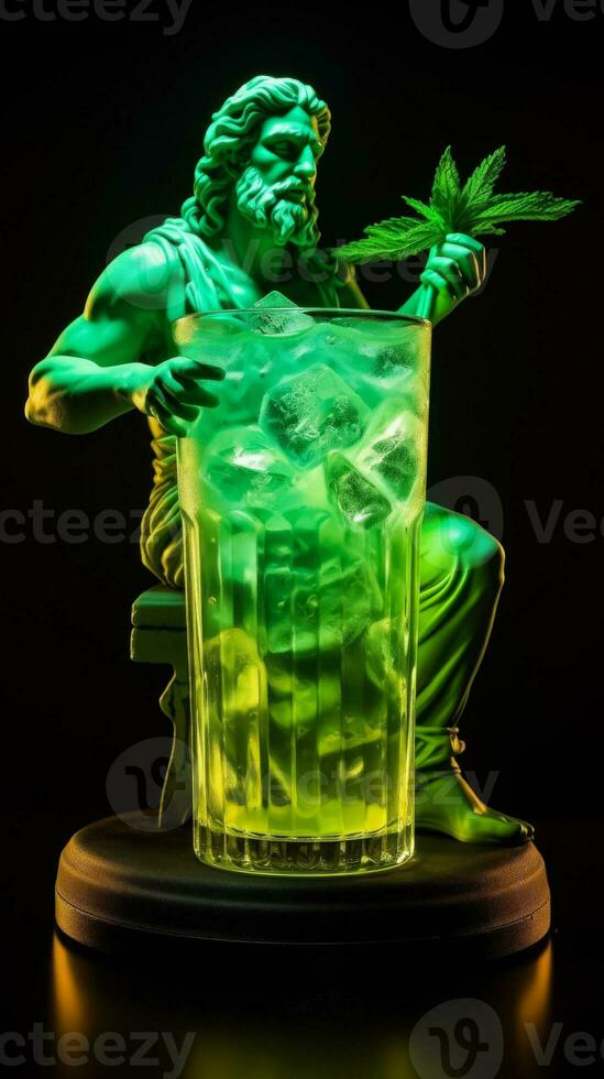 Antiquität Statue im Neon- Licht mit Caipirinha Cocktail modern Konzept Hintergrund mit ein Kopieren Raum foto