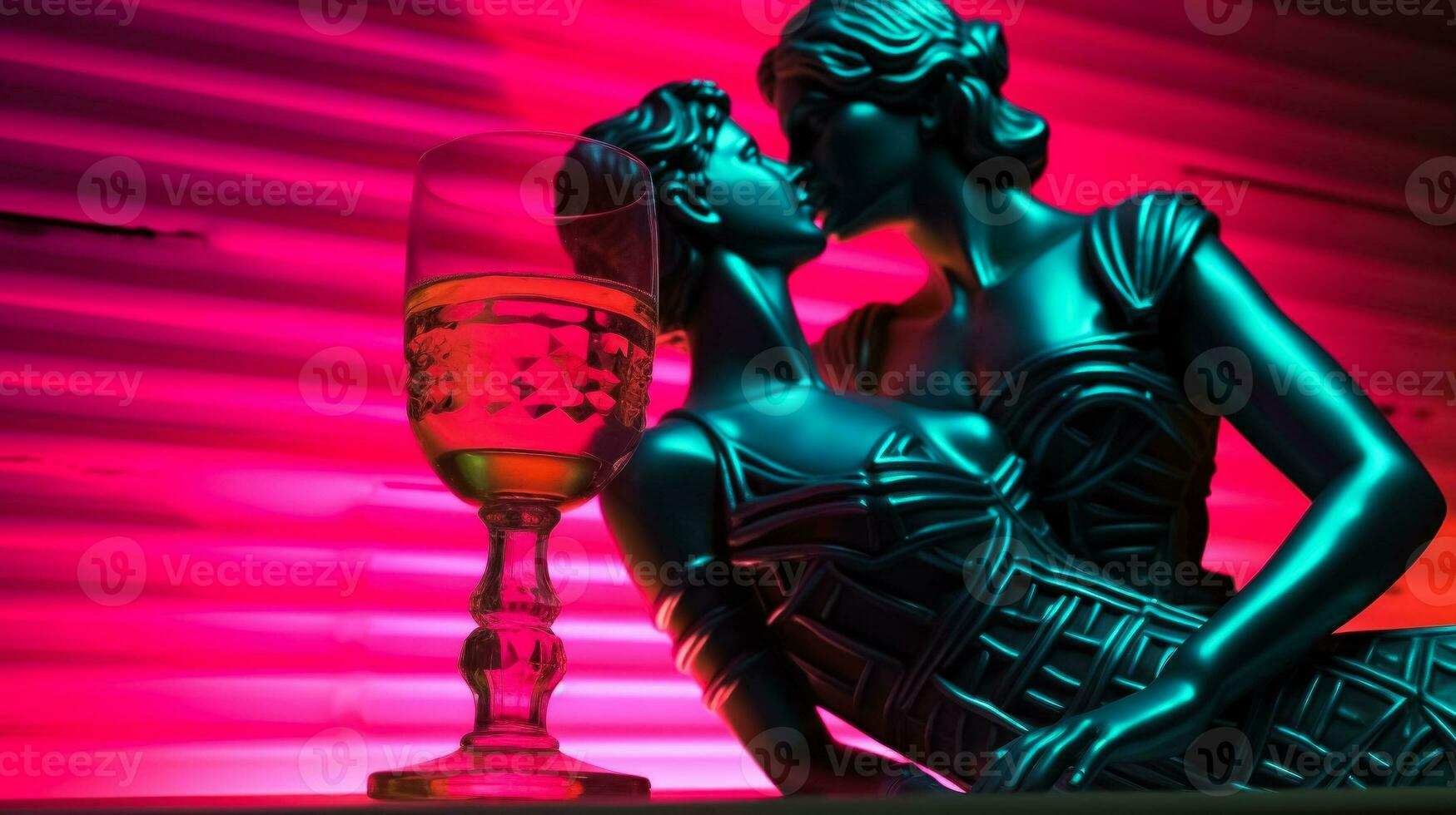 Antiquität Statue im Neon- Licht mit Sex auf das Strand Cocktail modern Konzept Hintergrund mit ein Kopieren Raum foto