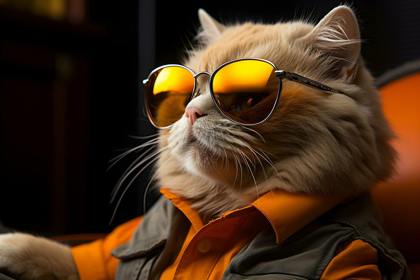 süß Katze tragen Sonnenbrille und entspannend auf Orange Stuhl. generativ ai Illustration. foto