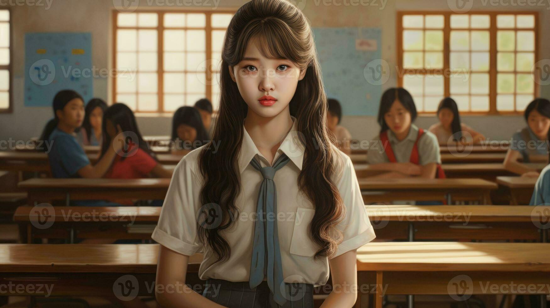 Koreanisch Mädchen beim Schule. Karikatur Stil. schön asiatisch Teen Mädchen. foto