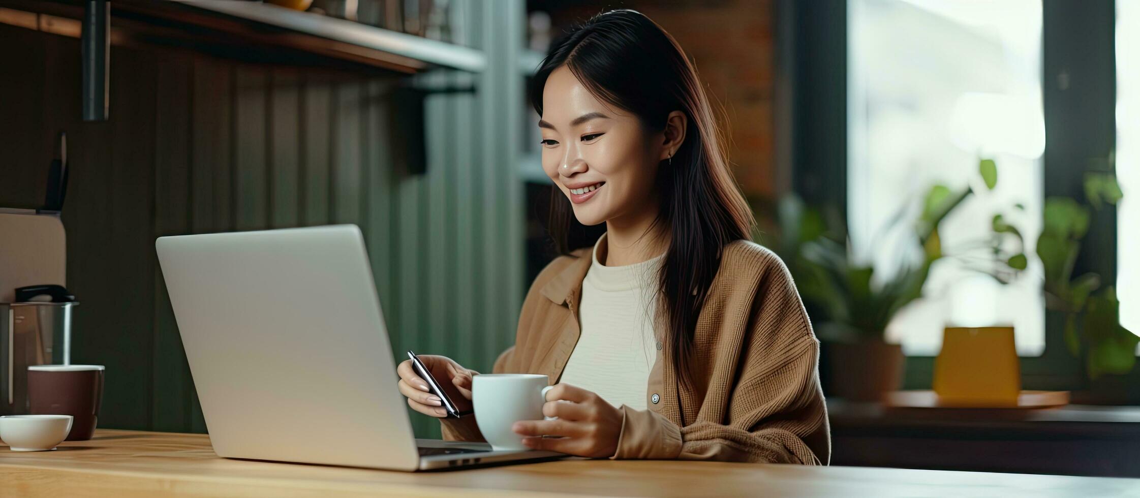 asiatisch Frau Sitzung beim Schreibtisch im Küche genießen Kaffee Snacks und online Inhalt foto