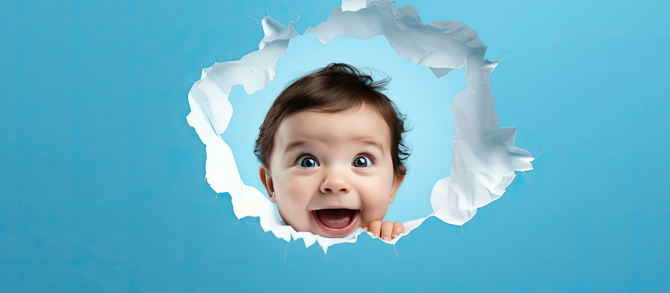 Kleinkind im ein Loch auf Blau Papier mit zerrissen Kopfschuss Hintergrund und leeren Bereich 18 Monat alt Kind foto