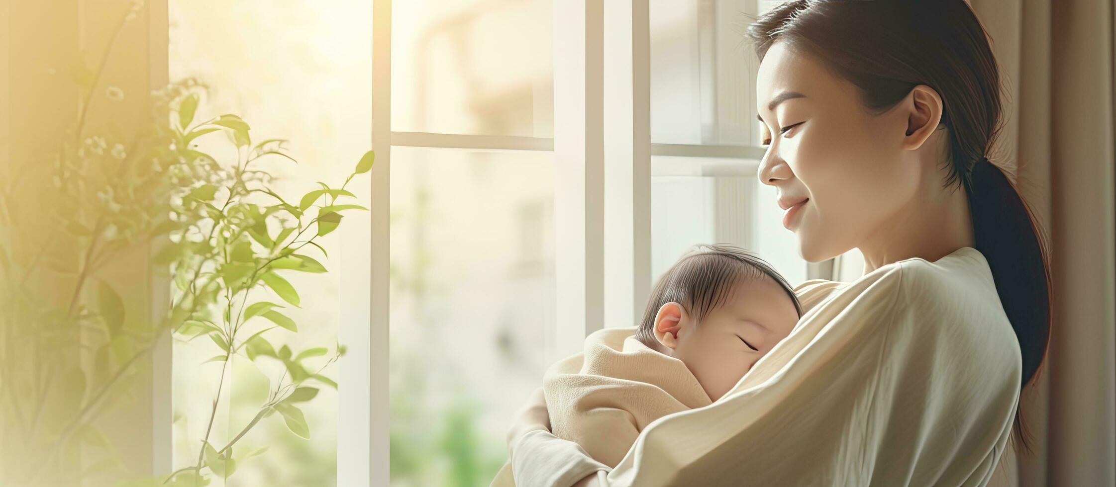 glücklich asiatisch Mutter halten schläfrig Säugling durch Fenster beim Zuhause Baby umarmt im Elternteil s Waffen Mutter berühren Baby zu Schlaf foto