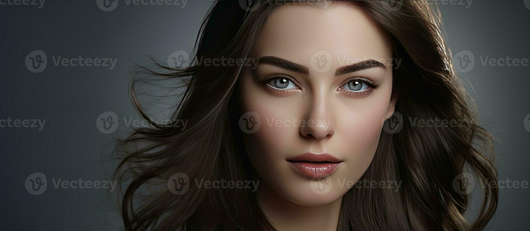Schönheit Mode bilden Konzept schön Frau mit braun lange Haare schließen oben Porträt suchen oben im grau Studio Hintergrund mit Kopieren Raum Augen ist im c foto