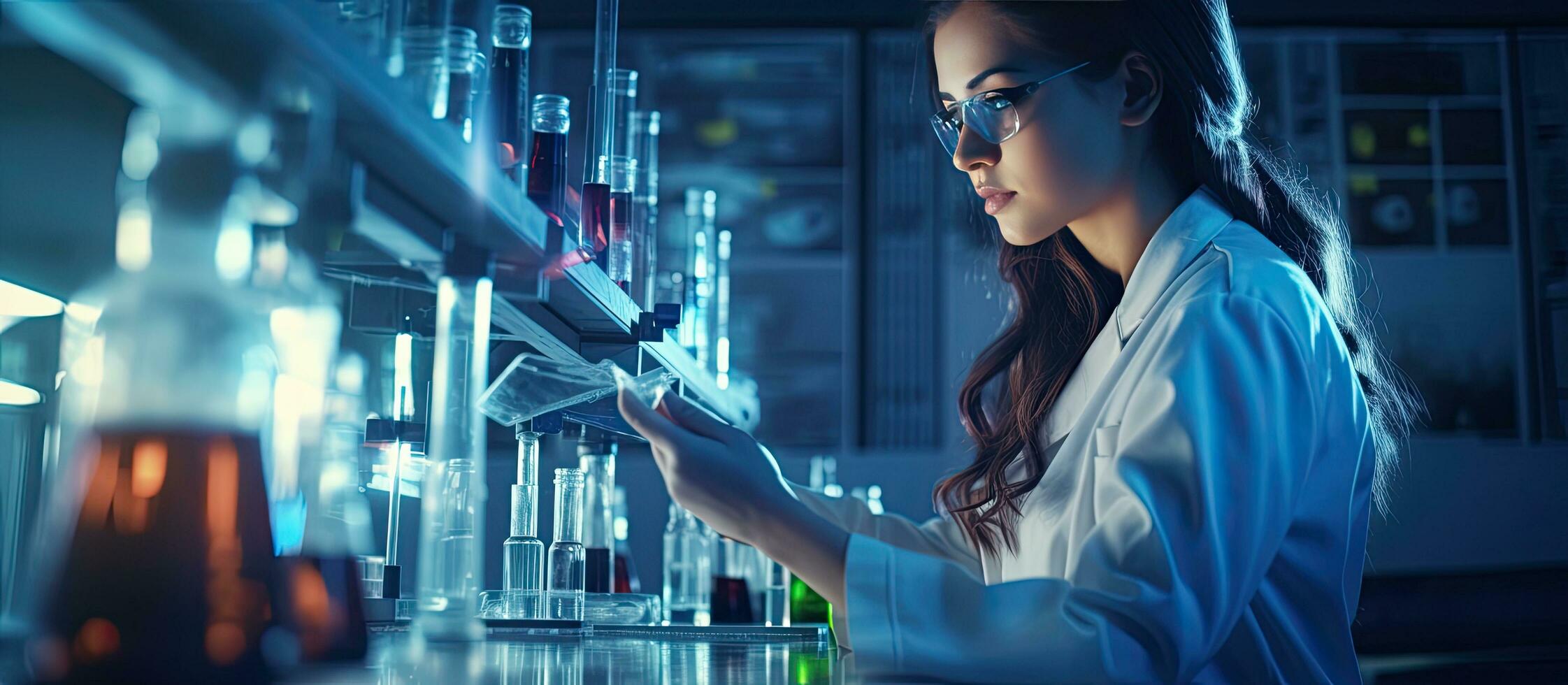 Frau Wissenschaftler Dirigieren Experiment im ein Labor mit Chemikalien und Ausrüstung Analysieren medizinisch Innovation im Biochemie Kopieren Raum foto