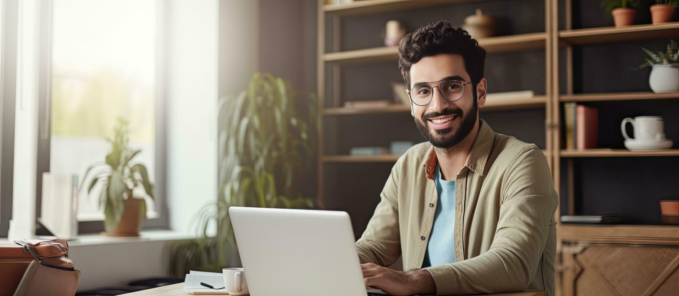 glücklich arabisch Freiberufler Arbeiten von Zuhause lächelnd beim Laptop Bildschirm foto