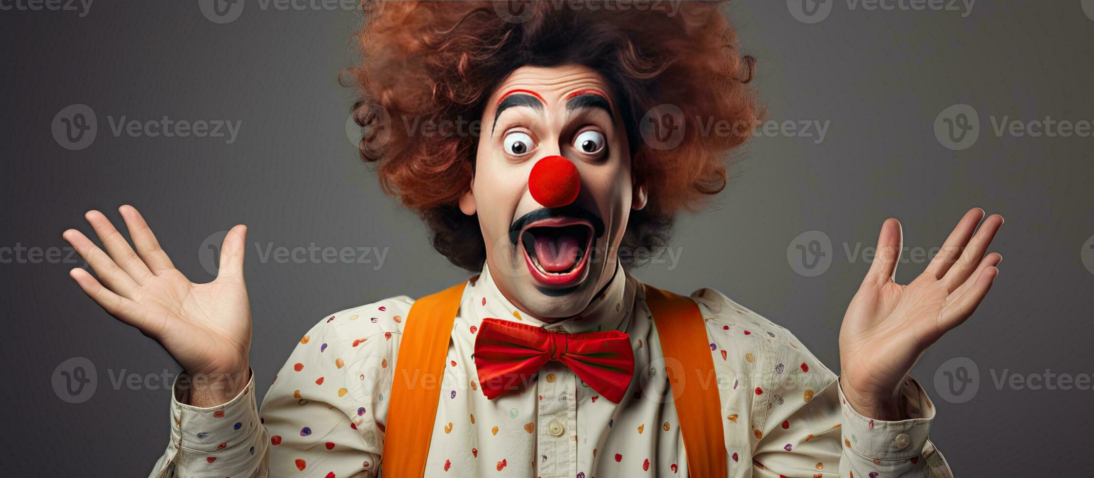 Porträt von ein komisch Clown Mann im ein bunt Kostüm mit ein schockiert Ausdruck posieren im verschiedene Wege auf ein isoliert Hintergrund foto