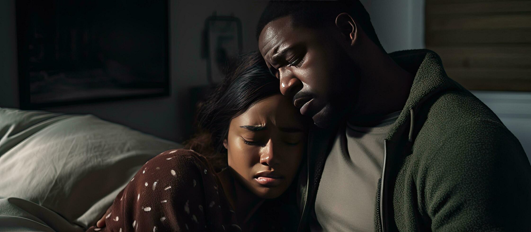 schmerzlich aufwachen oben zum schwarz Mann und jung afrikanisch amerikanisch Frau massieren Hals schmerzen im Schlafzimmer foto