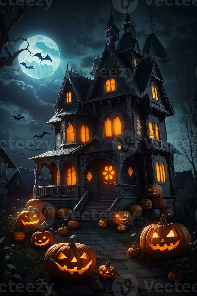 Halloween Hintergrund Kürbis mit ein gejagt Haus durch KI-generiert foto