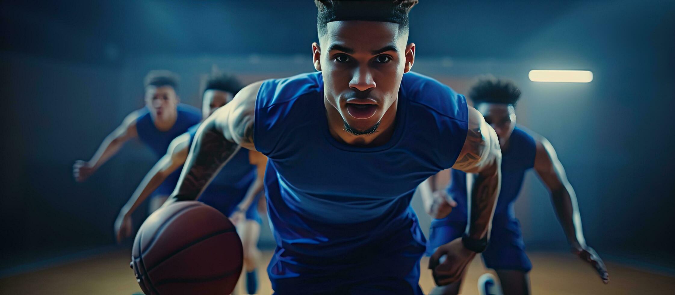 Basketball Spieler im Blau Kleidung spielen beim Fitnessstudio foto