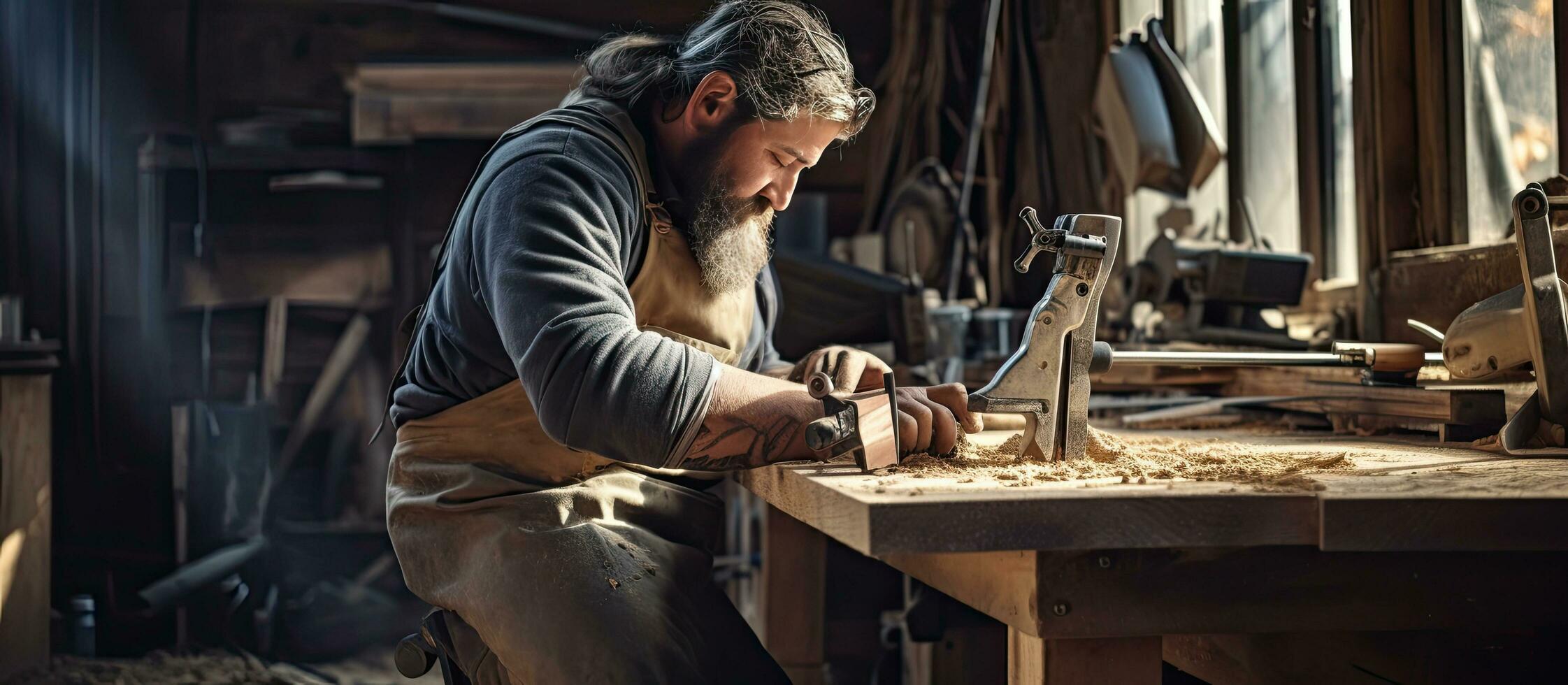 Senior Handwerker Gebäude Bein Prothetik Schrauben Knie Joint foto