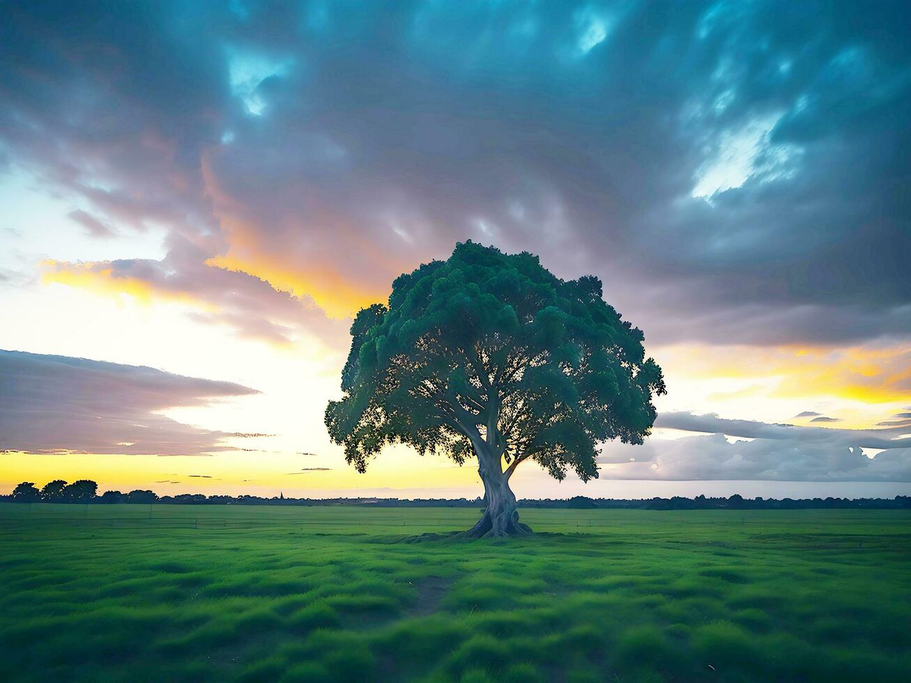 kostenlos Foto breit Winkel Schuss von ein Single Baum wachsend unter ein bewölkt Himmel während ein Sonnenuntergang umgeben durch Gras