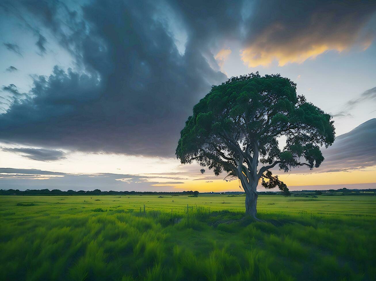 kostenlos Foto breit Winkel Schuss von ein Single Baum wachsend unter ein bewölkt Himmel während ein Sonnenuntergang umgeben durch Gras