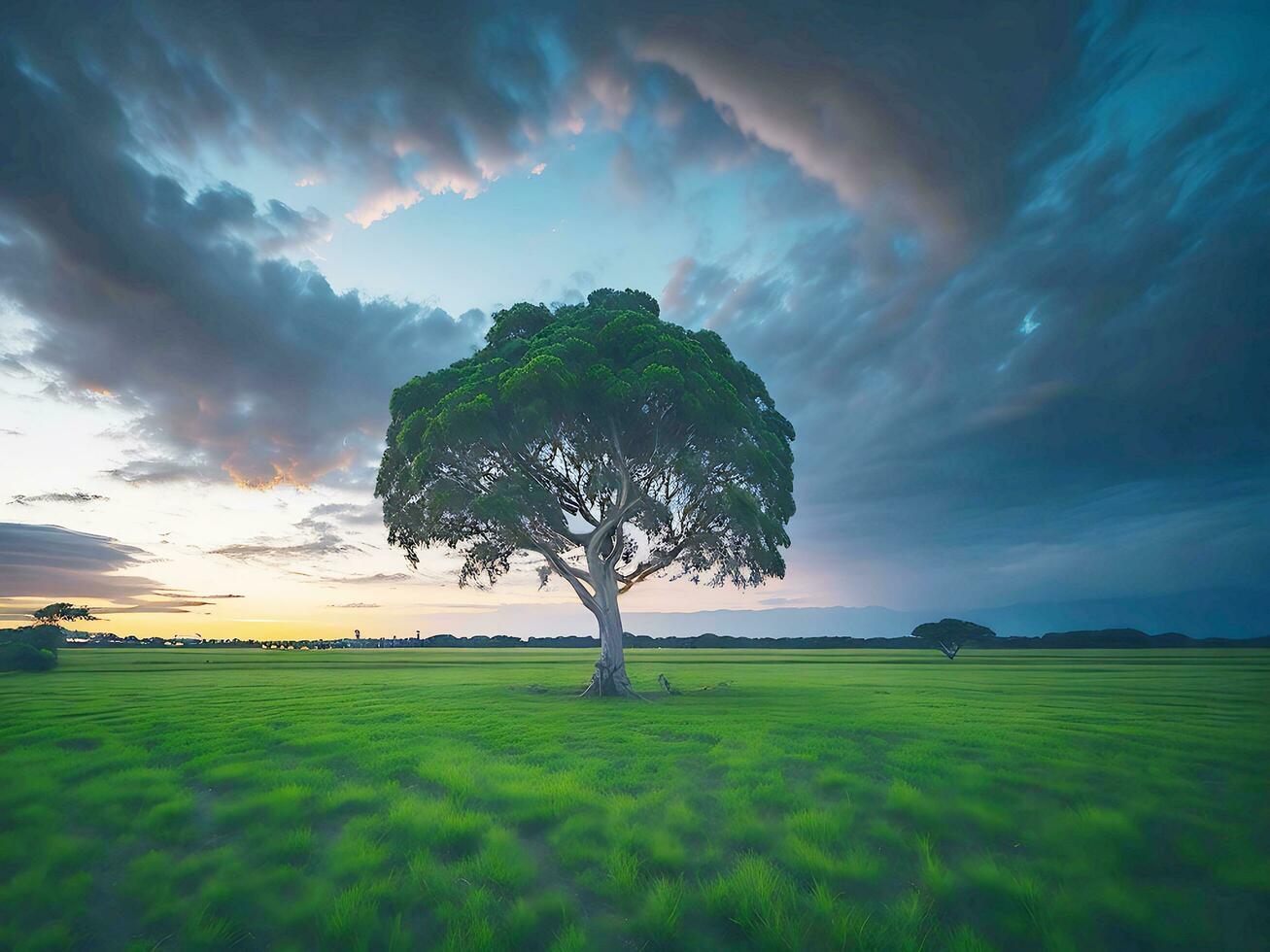 kostenlos Foto breit Winkel Schuss von ein Single Baum wachsend unter ein bewölkt Himmel während ein Sonnenuntergang umgeben durch Gras