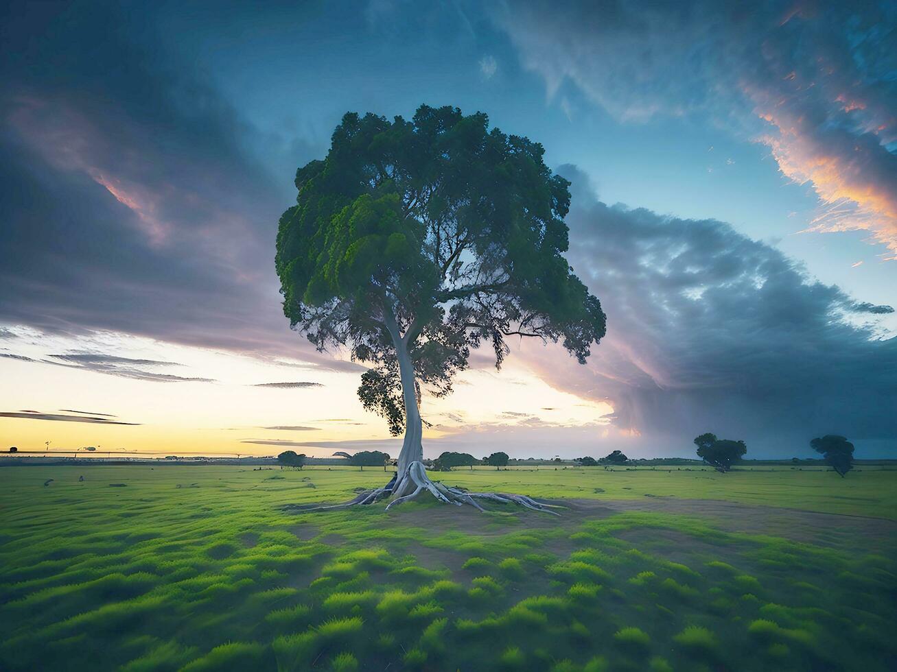 kostenlos Foto breit Winkel Schuss von ein Single Baum wachsend unter ein bewölkt Himmel während ein Sonnenuntergang umgeben durch Gras