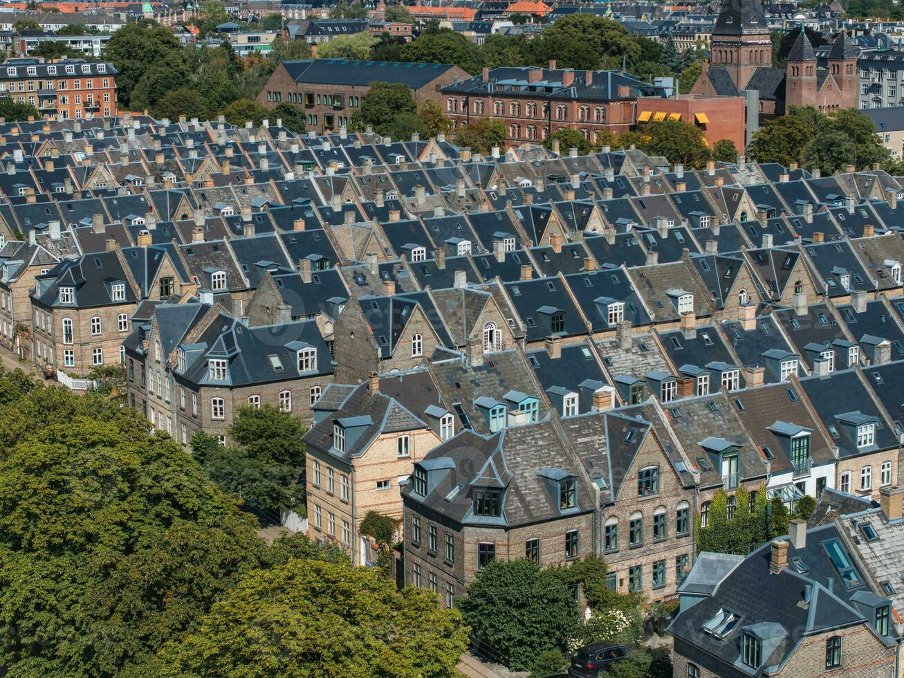 Antenne Aussicht von das Dächer von kartoffelraekkerne Nachbarschaft, im Österbro, Kopenhagen, Dänemark. foto