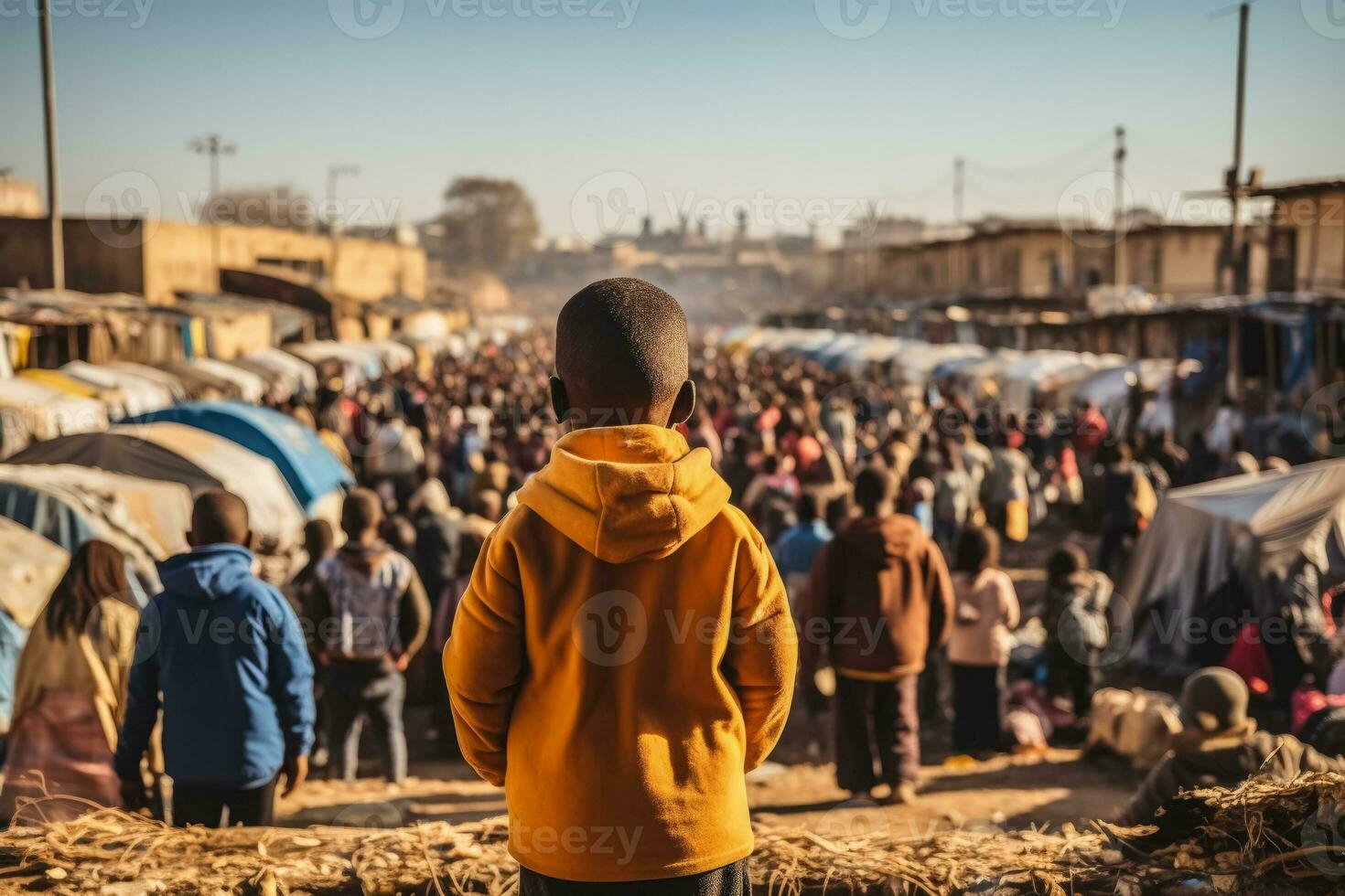 Menge von Flüchtlinge Aussicht von das zurück mit Mitarbeiter und Kinder foto