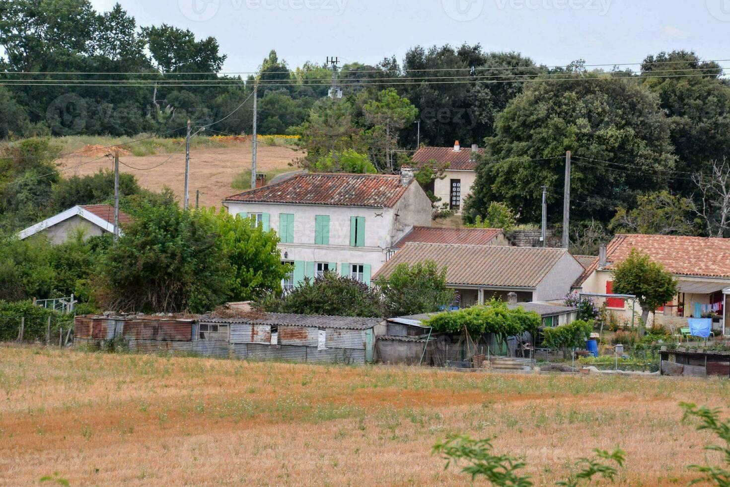 ein klein Dorf mit Häuser und Bäume im das Hintergrund foto