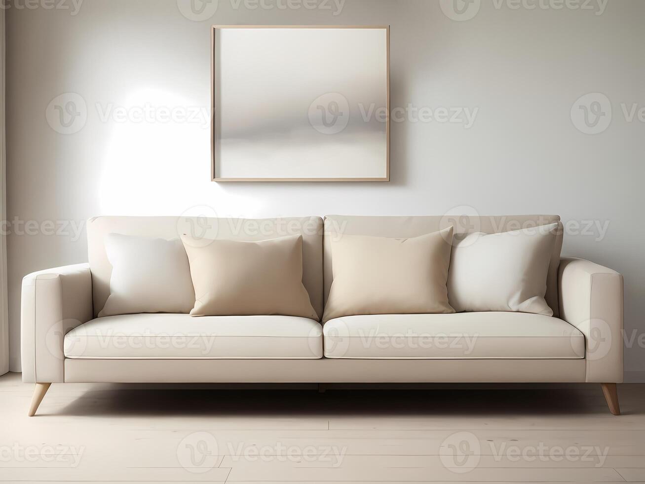 Bild Rahmen spotten oben über Licht Beige Sofa. Hintergrund Konzept zum modern Innere Design zum modisch gemütlich Leben Zimmer. modern abstrakt Kunst im das Innere von ein Haus, Wohnung. ai generiert foto