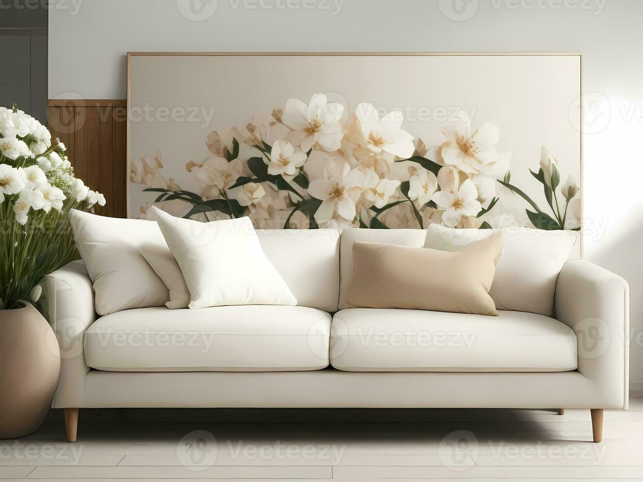 Bild Rahmen spotten oben über Licht Beige Sofa. Hintergrund Konzept zum modern Innere Design zum modisch gemütlich Leben Zimmer. modern abstrakt Kunst im das Innere von ein Haus, Wohnung. ai generiert foto