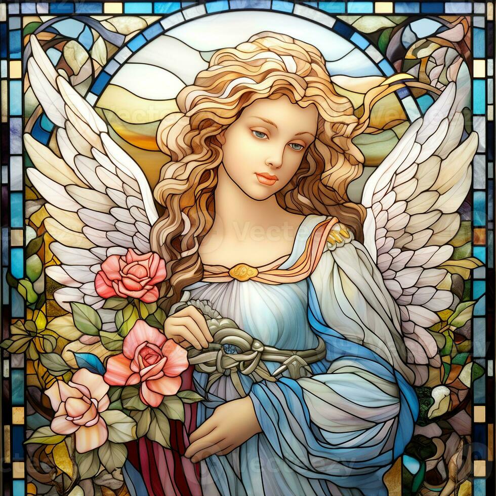 befleckt Glas Jungfrau Maria mit Engel Zahl und Blumen- Stimmung ai generiert foto