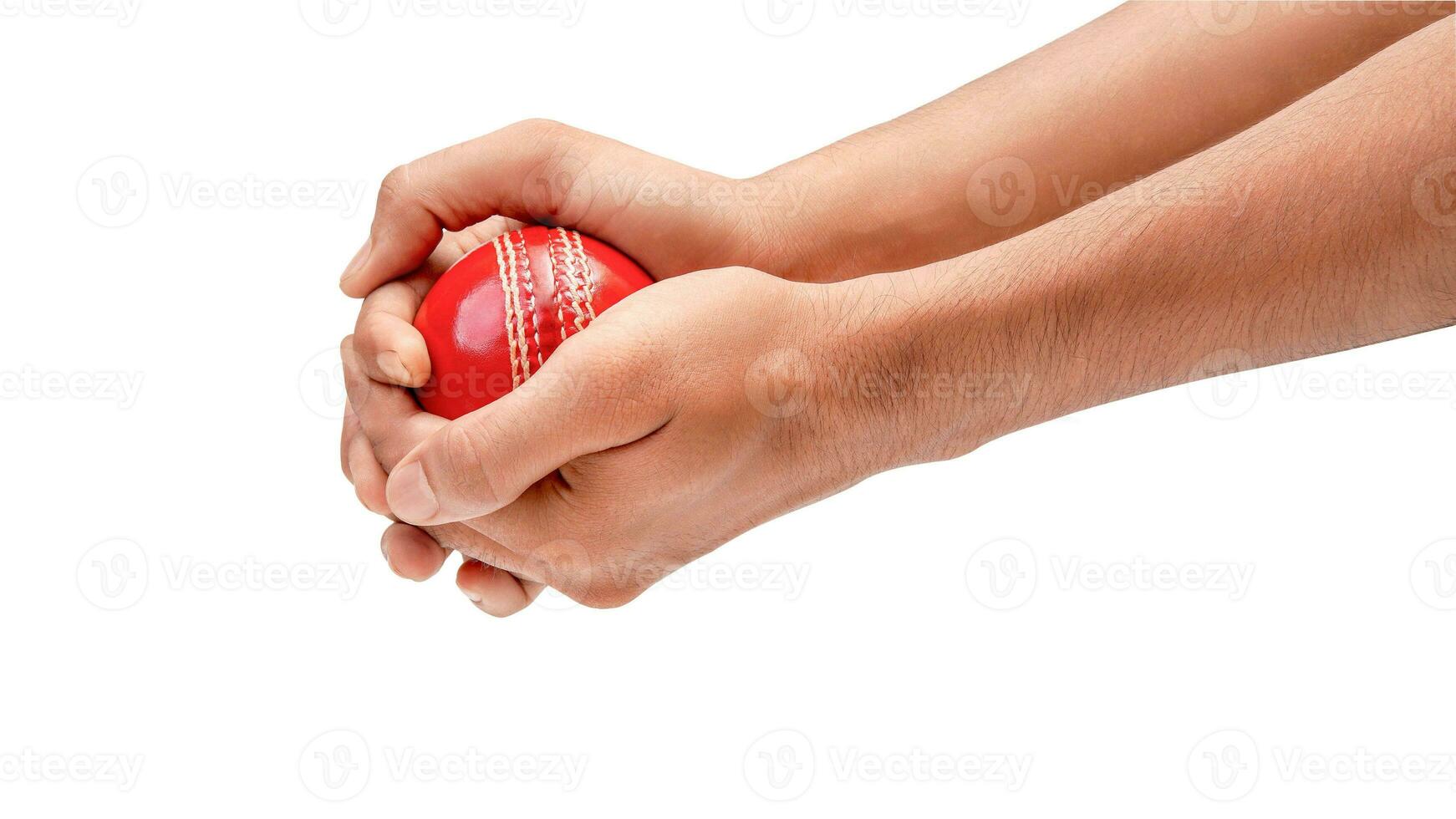 ein Mann Hände nehmen das Fang von ein rot Leder Prüfung Kricket Ball Nahansicht Bild Weiß Hintergrund foto