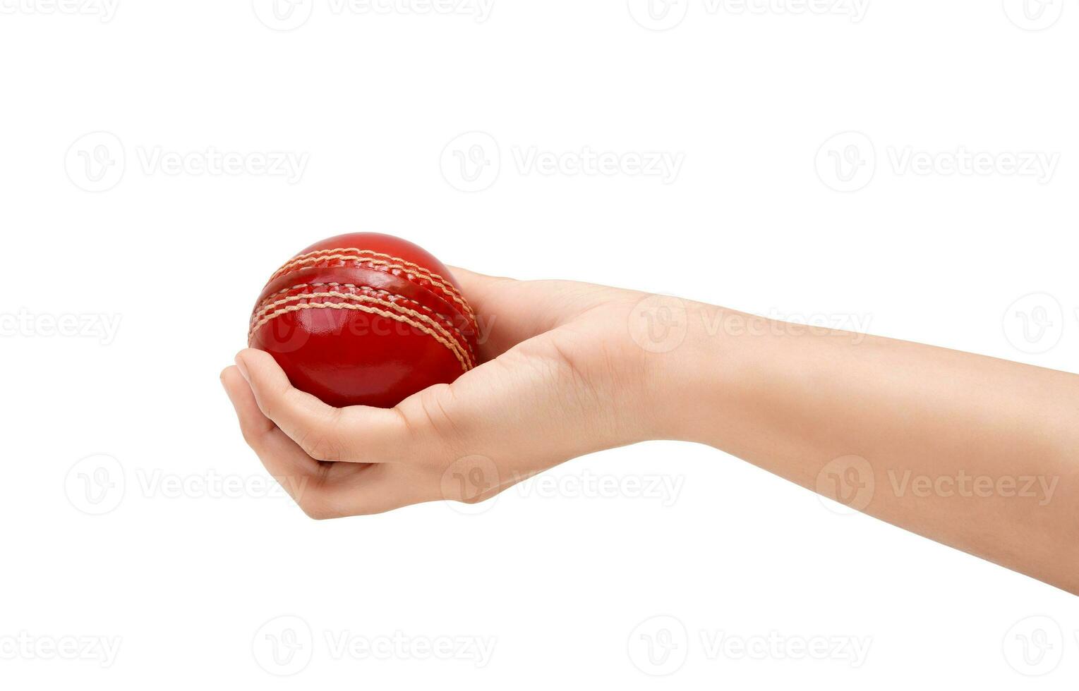 ein weiblich Hand halten ein rot Prüfung Spiel Leder Stich Kricket Ball Nahansicht Foto Weiß Hintergrund